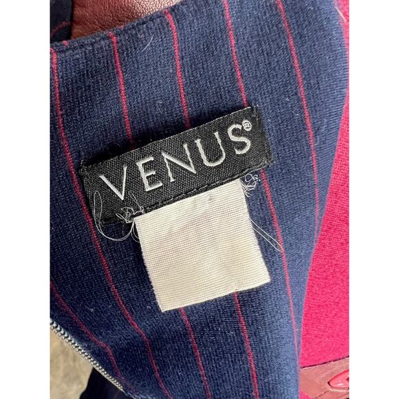 Dress bodycon knit striped navy red leather shoulders - Picture 6 of 8